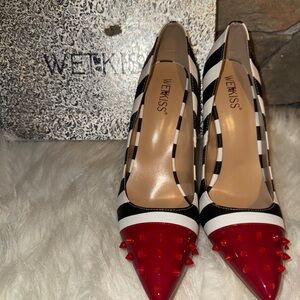 Wet Kiss Women's Red and Black Striped Heels